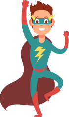 Animated superhero with lightning strike