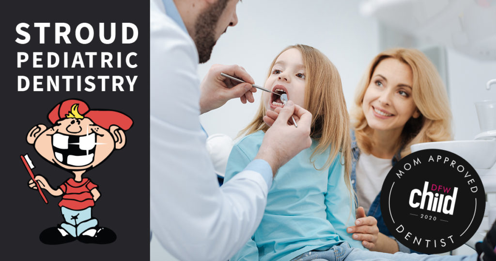 a mother and child at the dentist’s office and Stroud Pediatric Dentistry designated a Mom-Approved Child Dentist for 2020