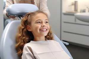 Little girl sitting in a dental chair smiling